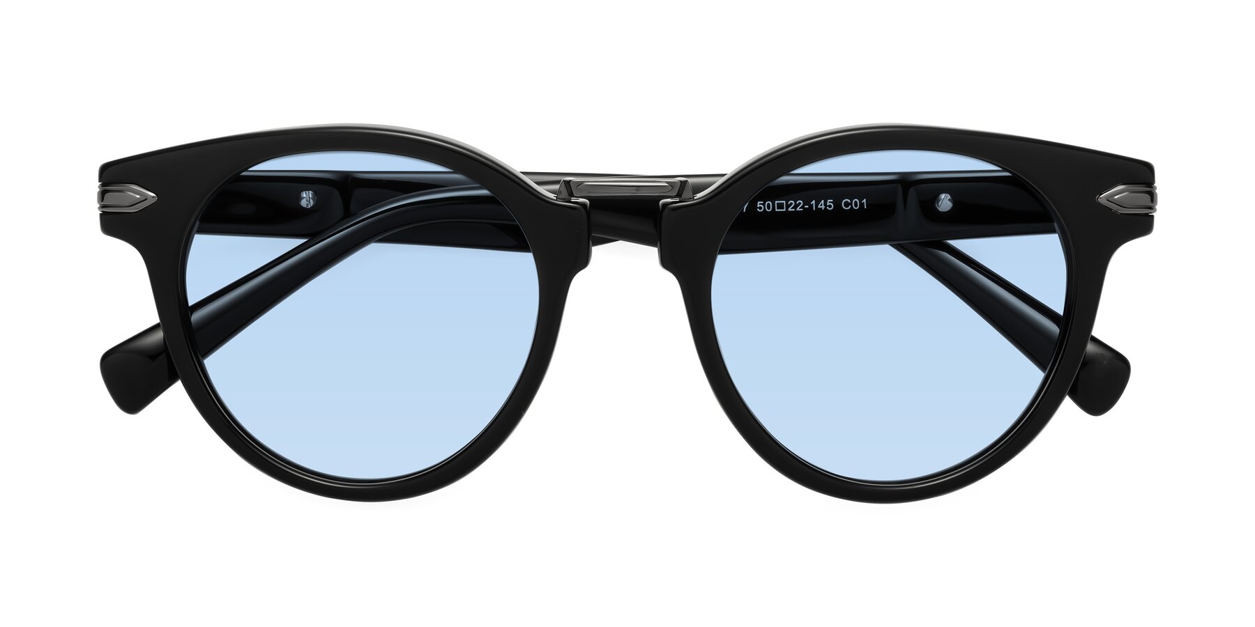 Folded Front of Alfonso in Black with Light Blue Tinted Lenses