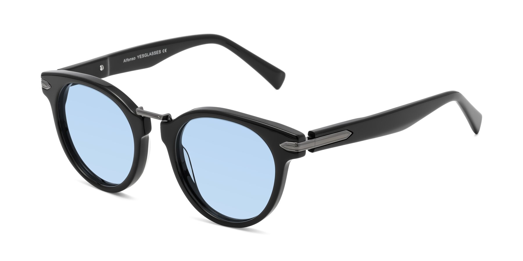 Angle of Alfonso in Black with Light Blue Tinted Lenses