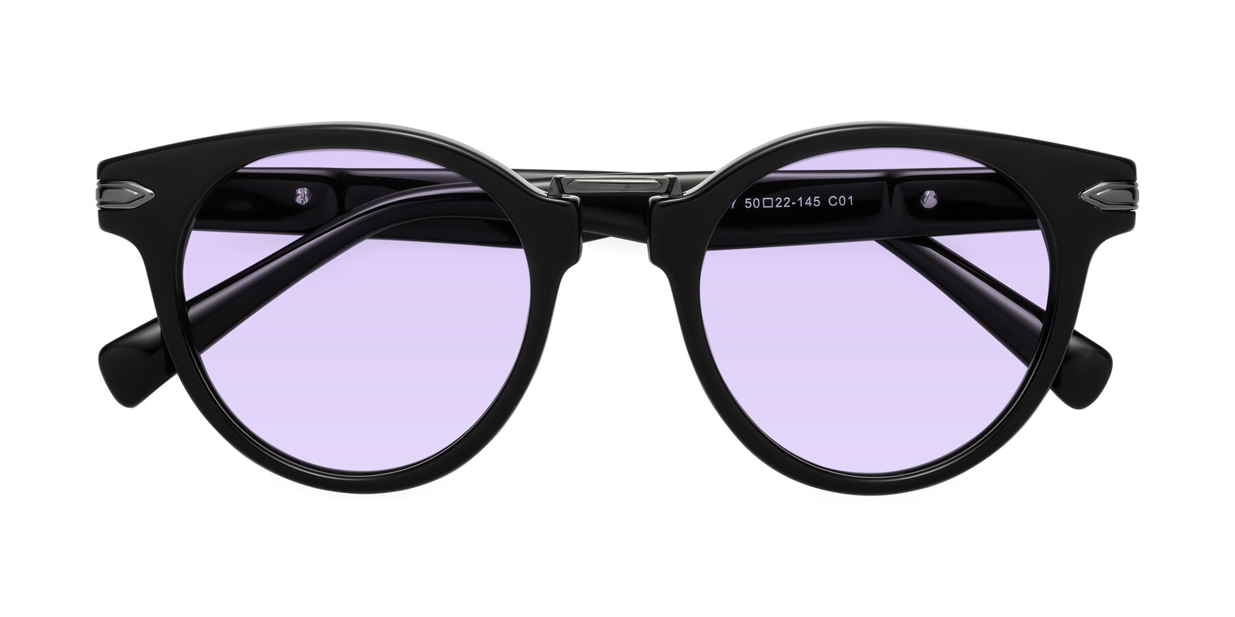 Folded Front of Alfonso in Black with Light Purple Tinted Lenses