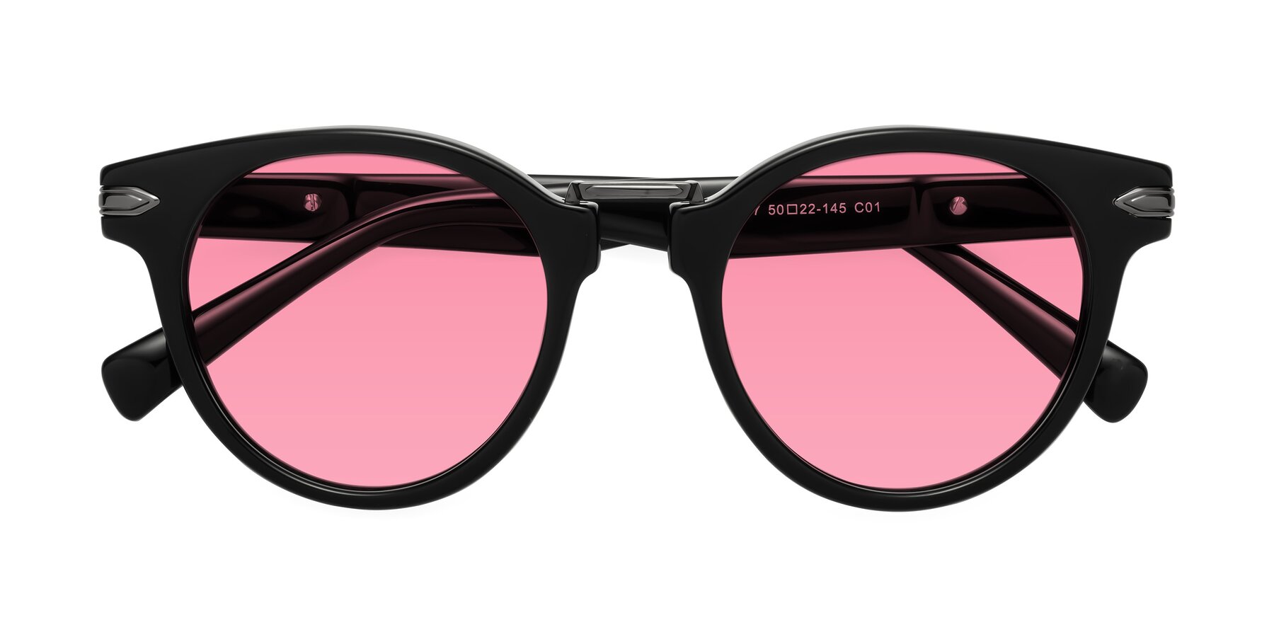 Folded Front of Alfonso in Black with Pink Tinted Lenses