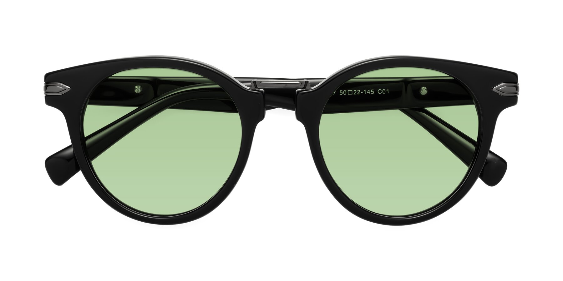Folded Front of Alfonso in Black with Medium Green Tinted Lenses