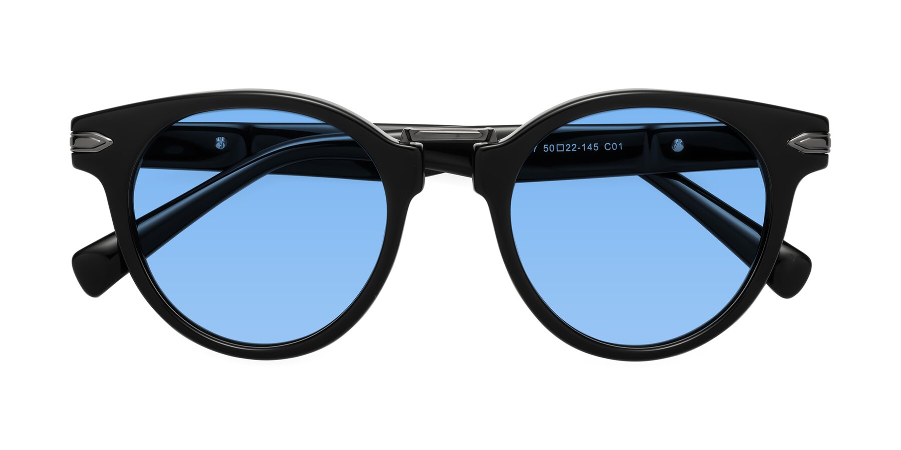 Folded Front of Alfonso in Black with Medium Blue Tinted Lenses