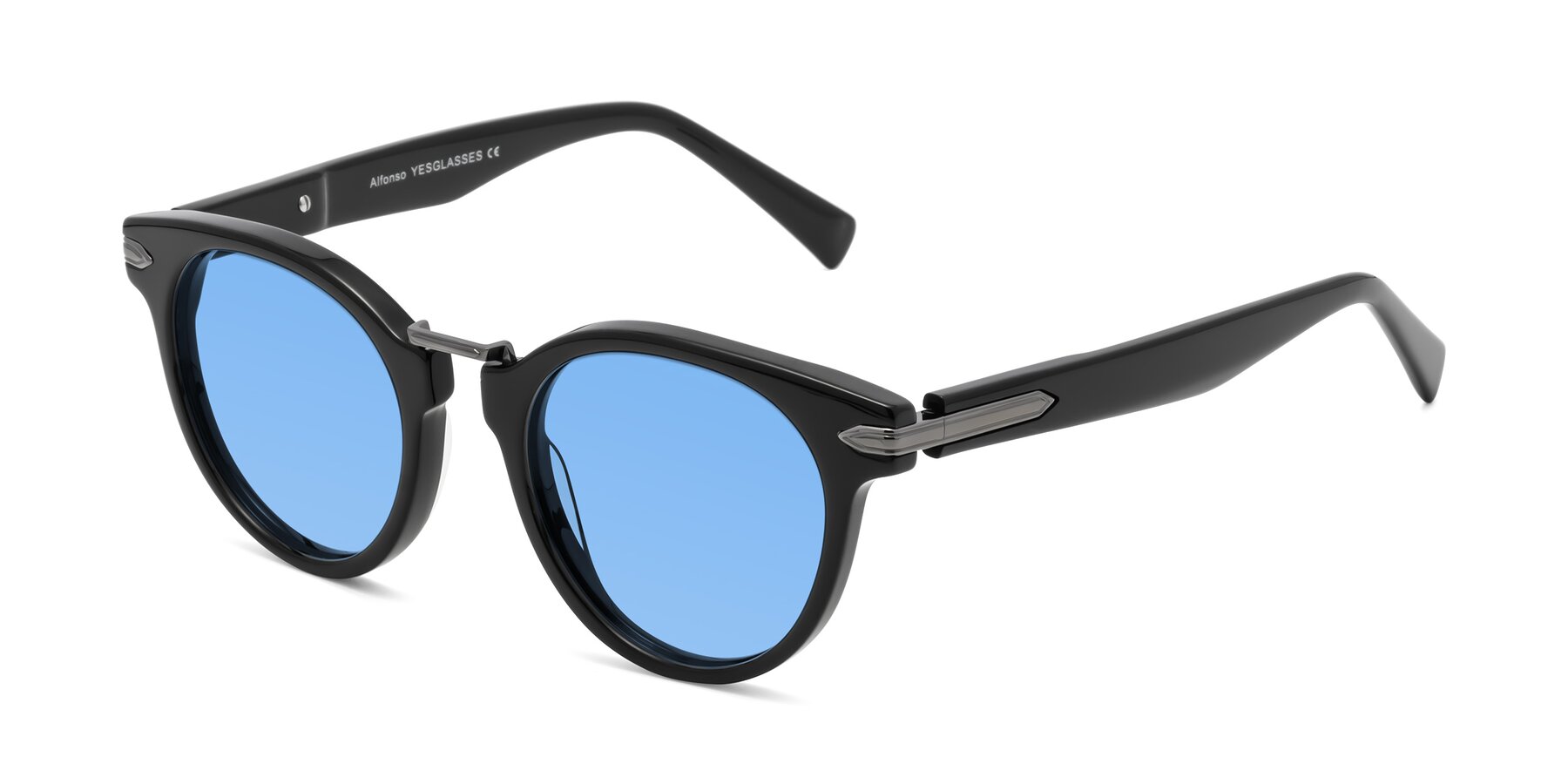 Angle of Alfonso in Black with Medium Blue Tinted Lenses