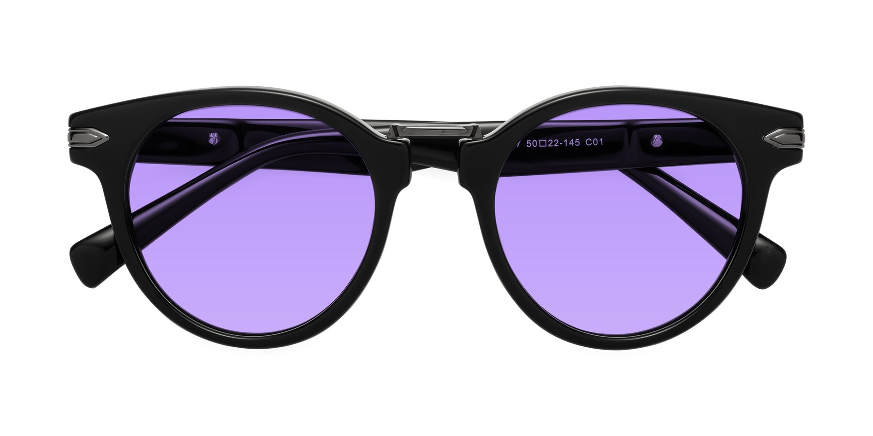 Folded Front of Alfonso in Black with Medium Purple Tinted Lenses