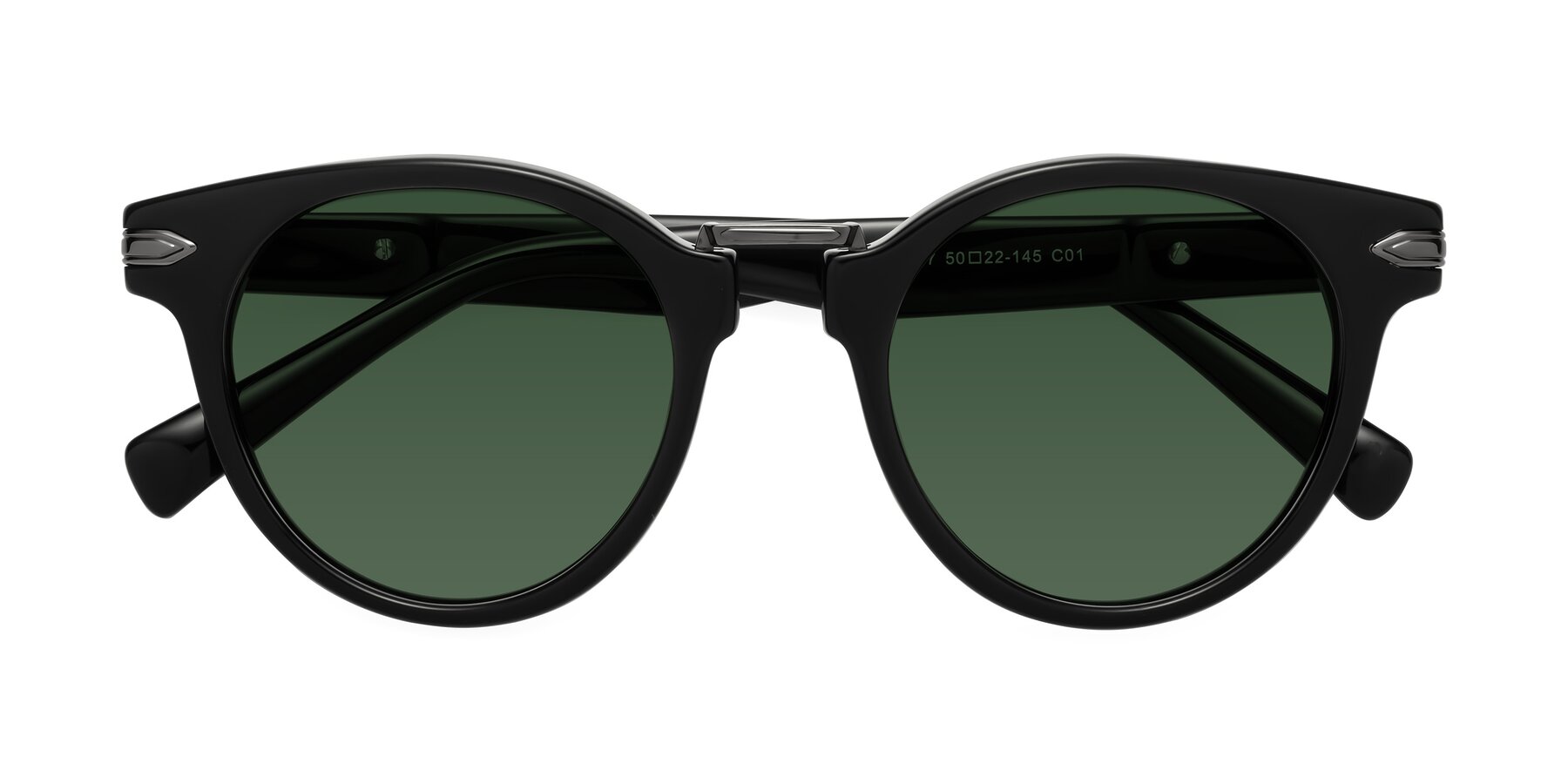 Folded Front of Alfonso in Black with Green Tinted Lenses