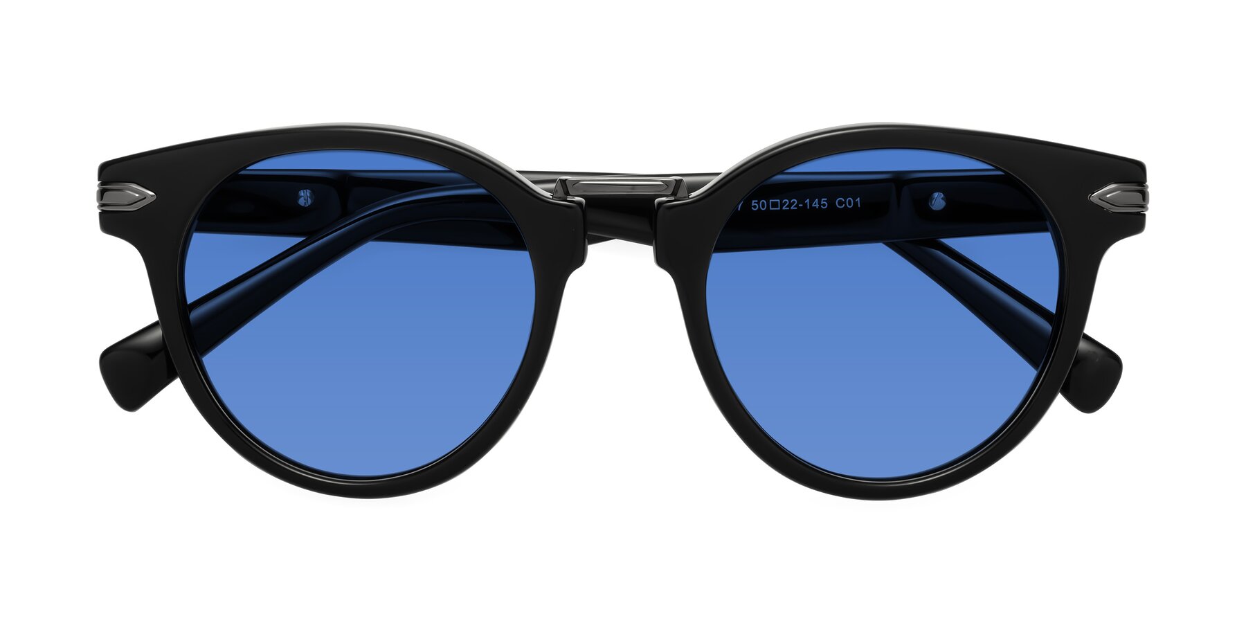 Folded Front of Alfonso in Black with Blue Tinted Lenses