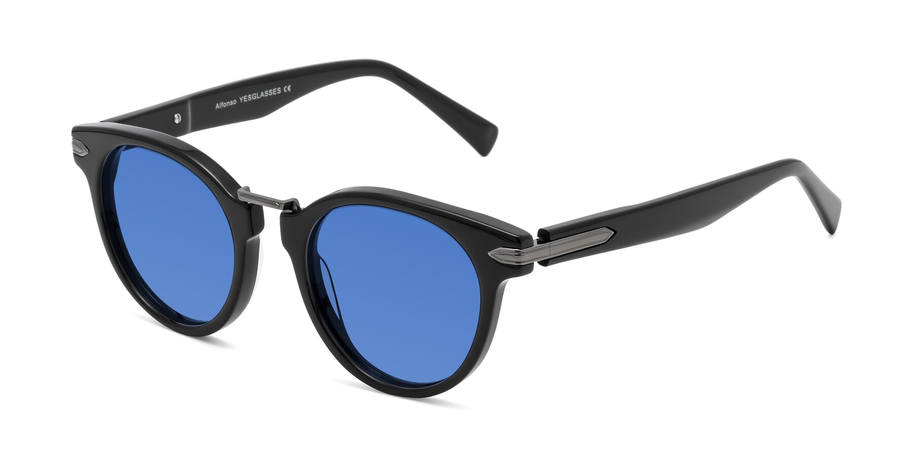 Angle of Alfonso in Black with Blue Tinted Lenses