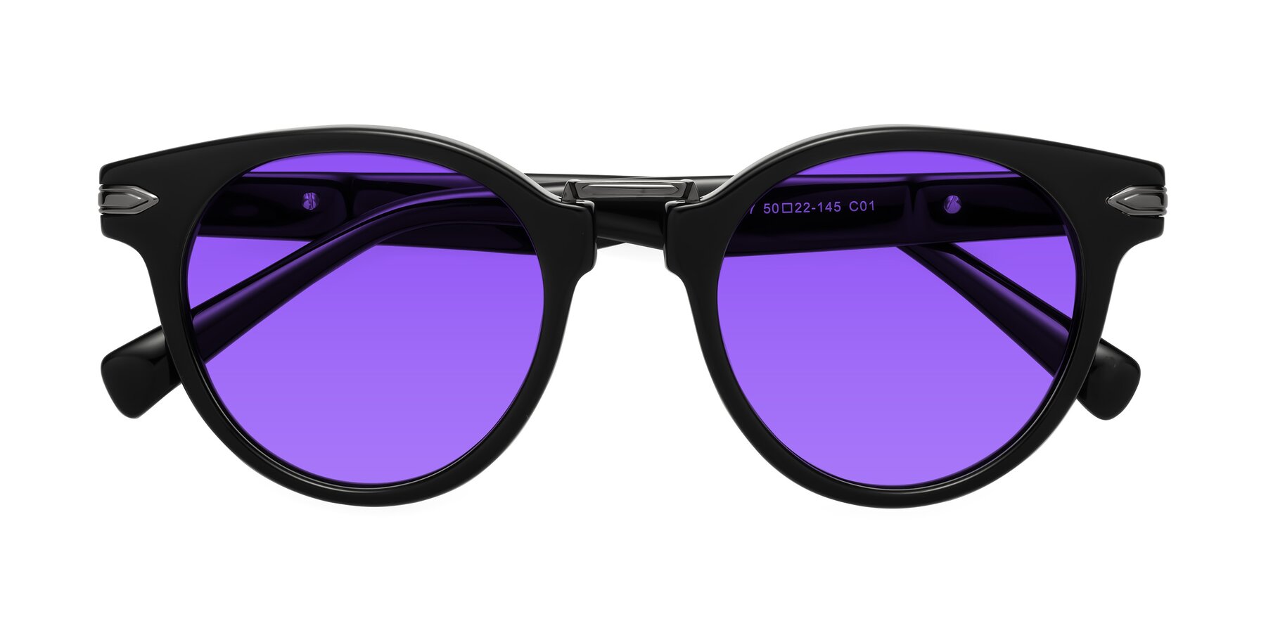 Folded Front of Alfonso in Black with Purple Tinted Lenses