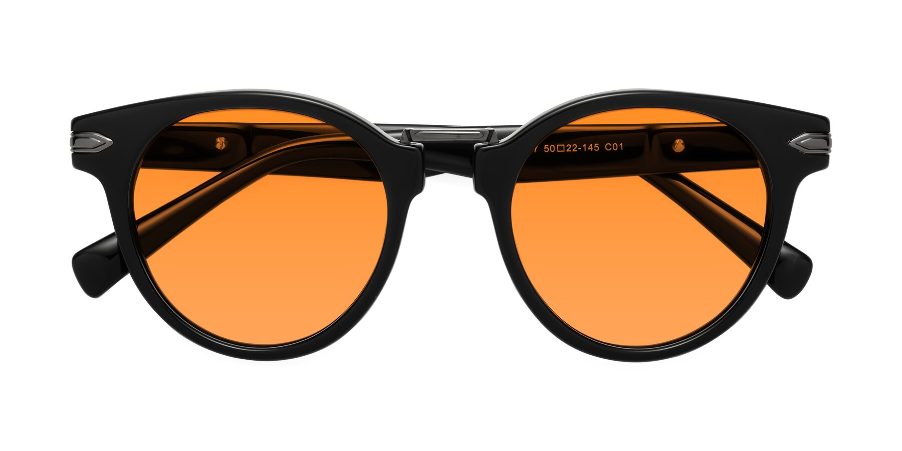 Folded Front of Alfonso in Black with Orange Tinted Lenses