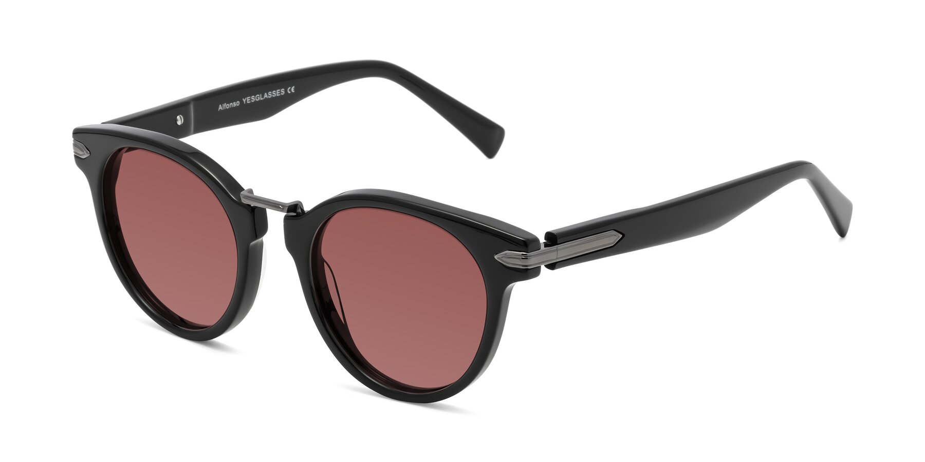 Angle of Alfonso in Black with Garnet Tinted Lenses