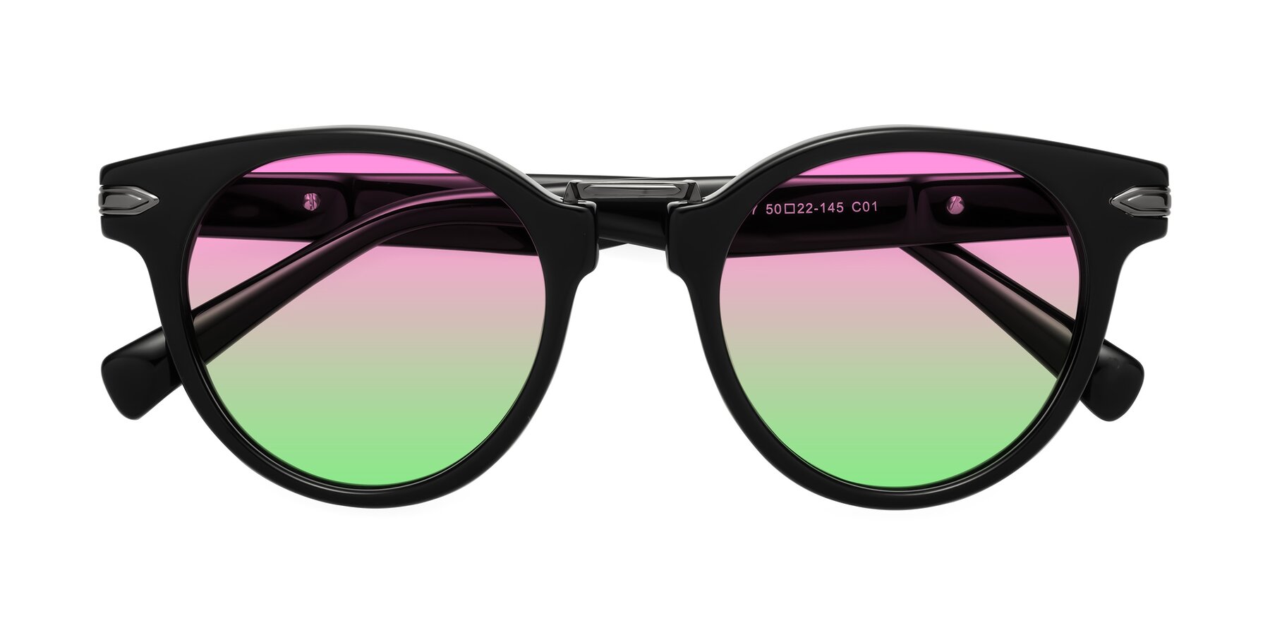 Folded Front of Alfonso in Black with Pink / Green Gradient Lenses