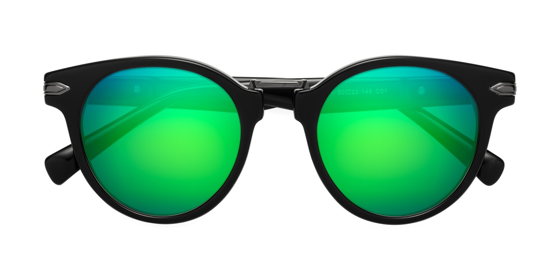 Folded Front of Alfonso in Black with Green Mirrored Lenses