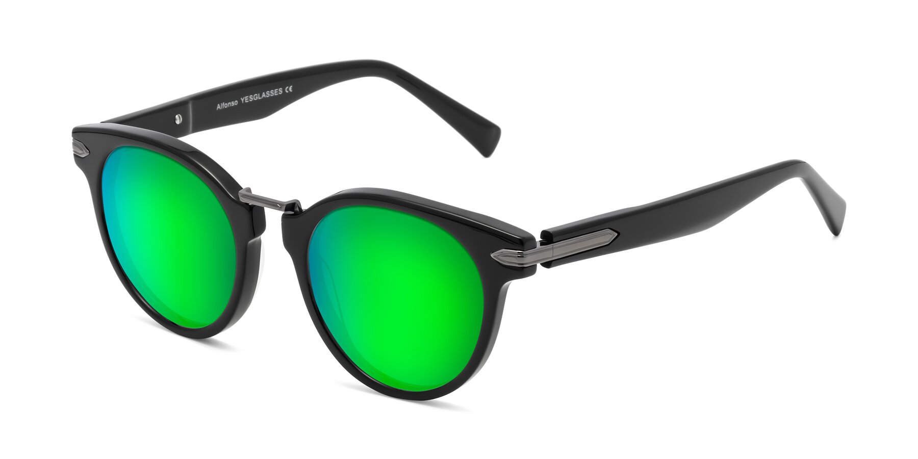 Angle of Alfonso in Black with Green Mirrored Lenses