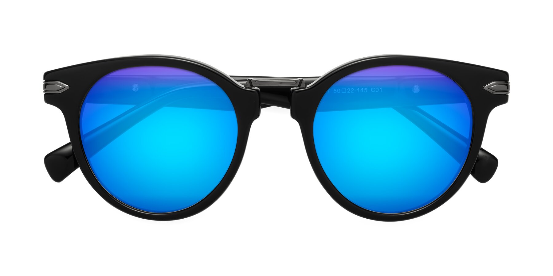 Folded Front of Alfonso in Black with Blue Mirrored Lenses