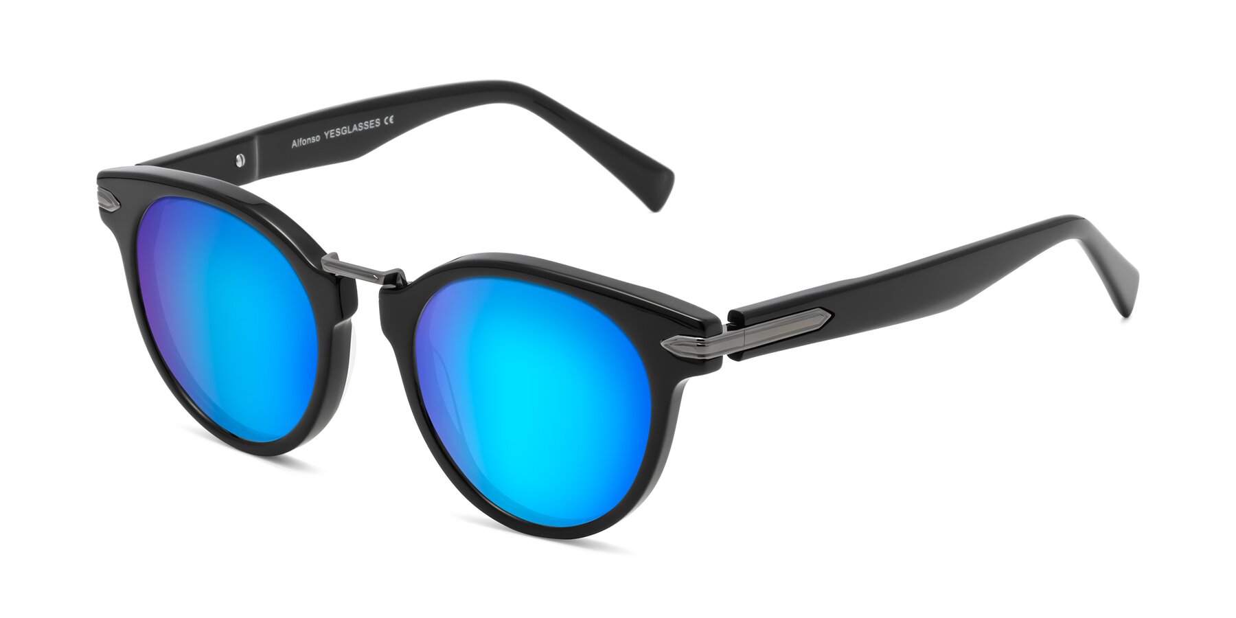 Angle of Alfonso in Black with Blue Mirrored Lenses