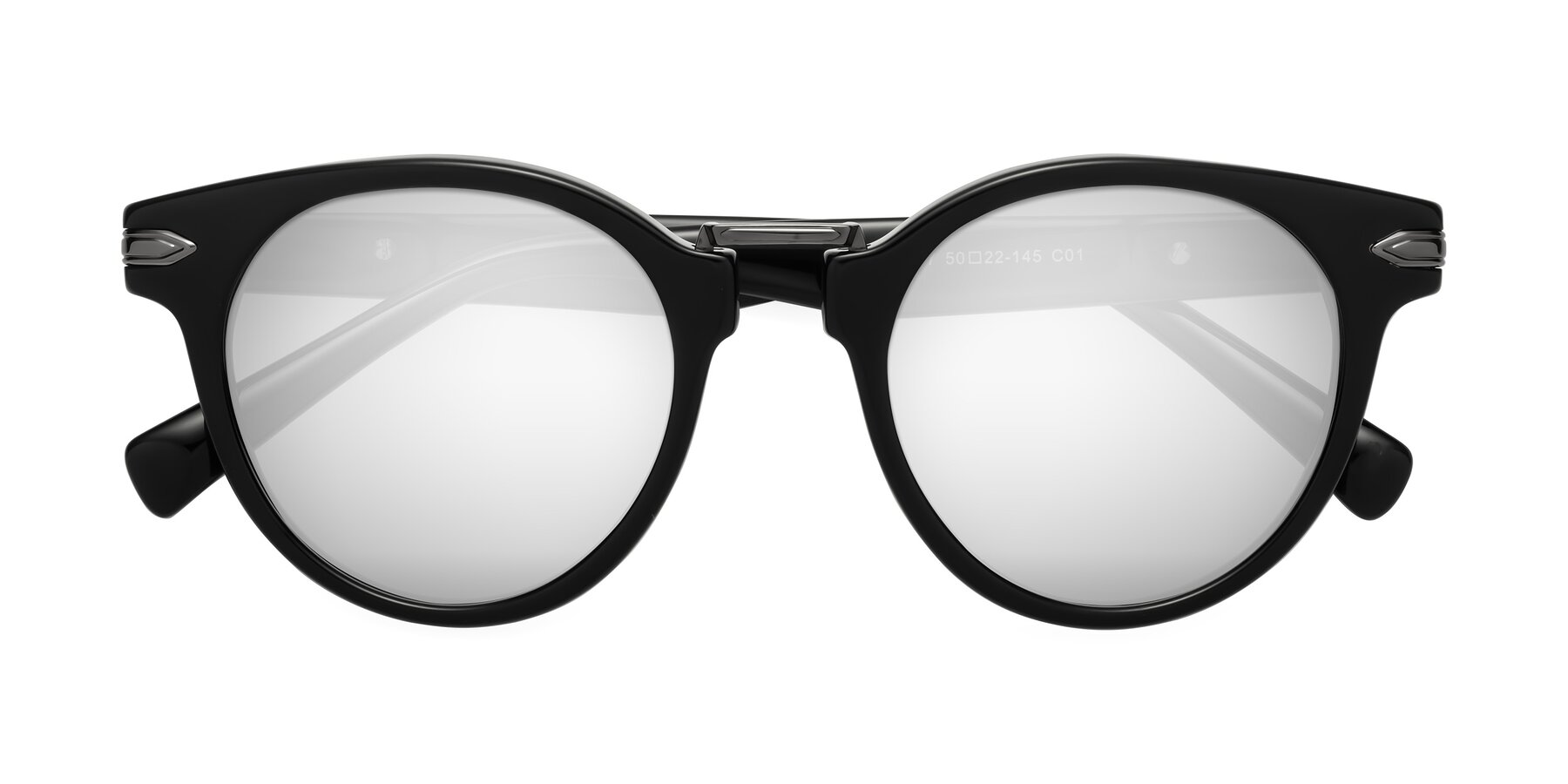 Folded Front of Alfonso in Black with Silver Mirrored Lenses
