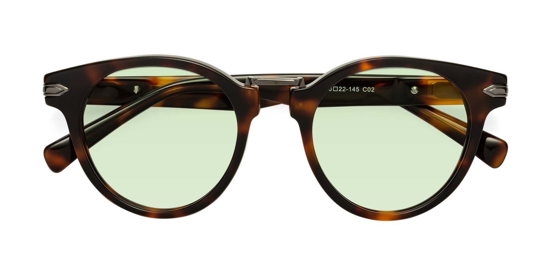 Folded Front of Alfonso in Tortoise with Light Green Tinted Lenses