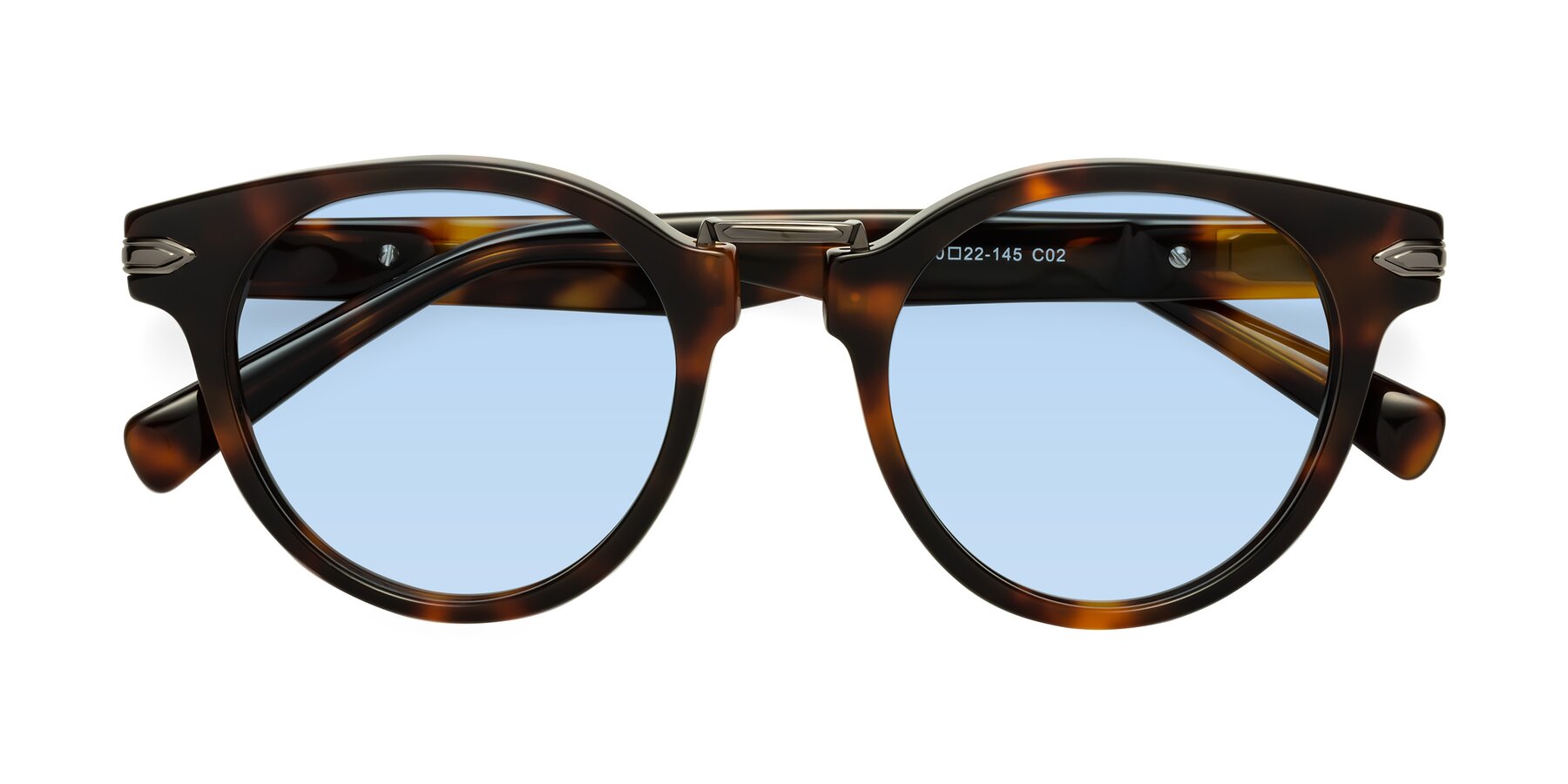 Folded Front of Alfonso in Tortoise with Light Blue Tinted Lenses