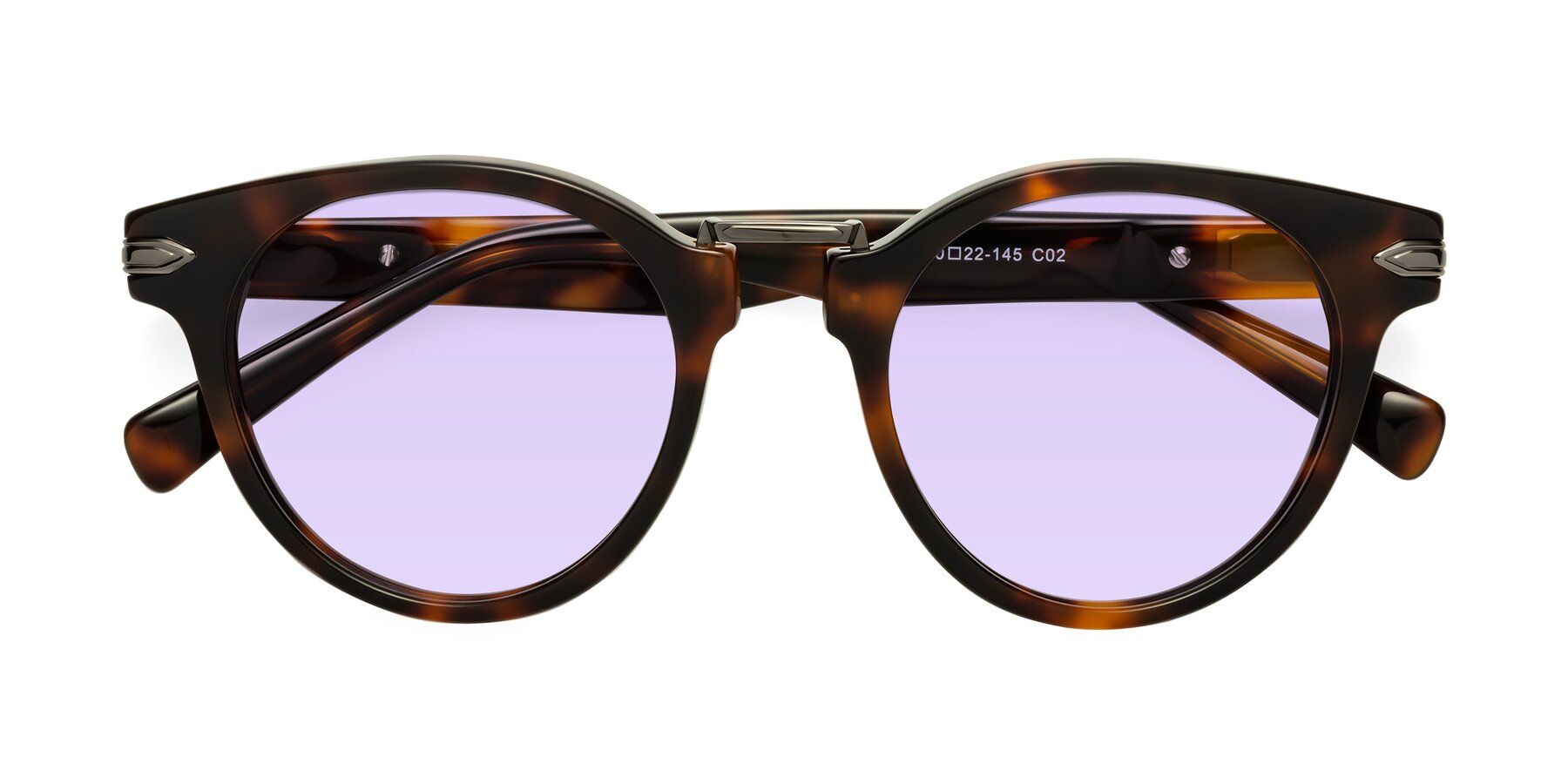 Folded Front of Alfonso in Tortoise with Light Purple Tinted Lenses