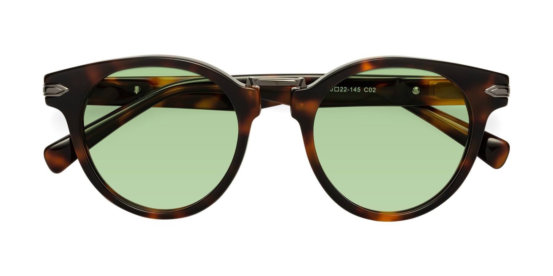Folded Front of Alfonso in Tortoise with Medium Green Tinted Lenses