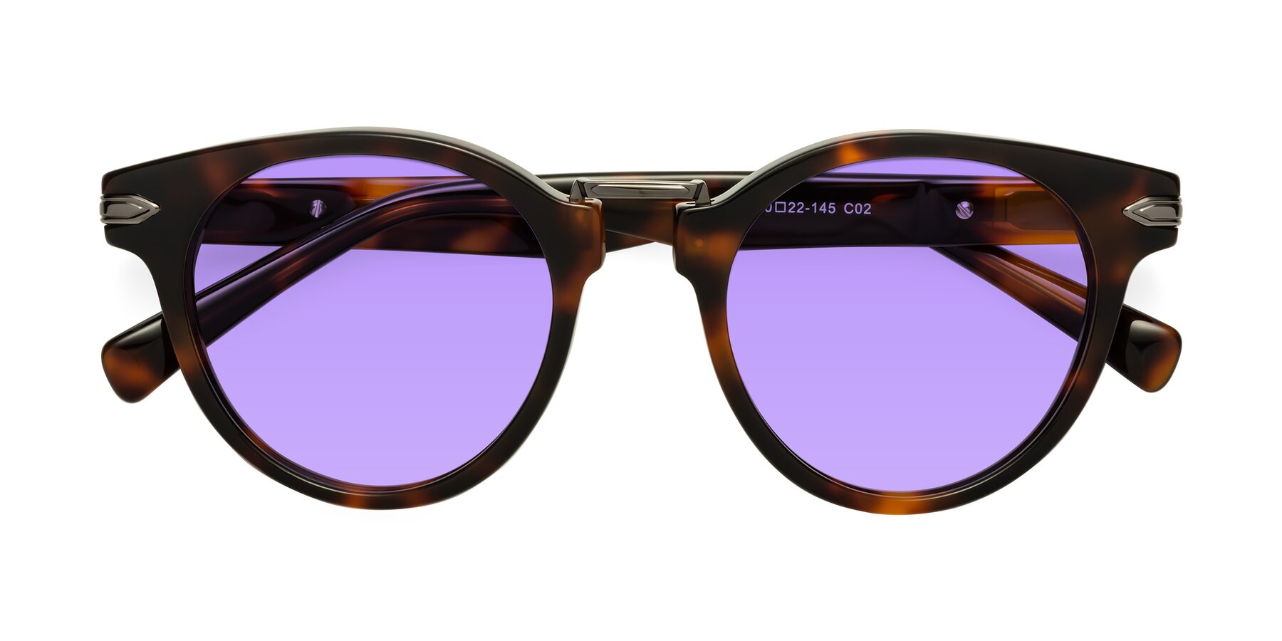 Folded Front of Alfonso in Tortoise with Medium Purple Tinted Lenses