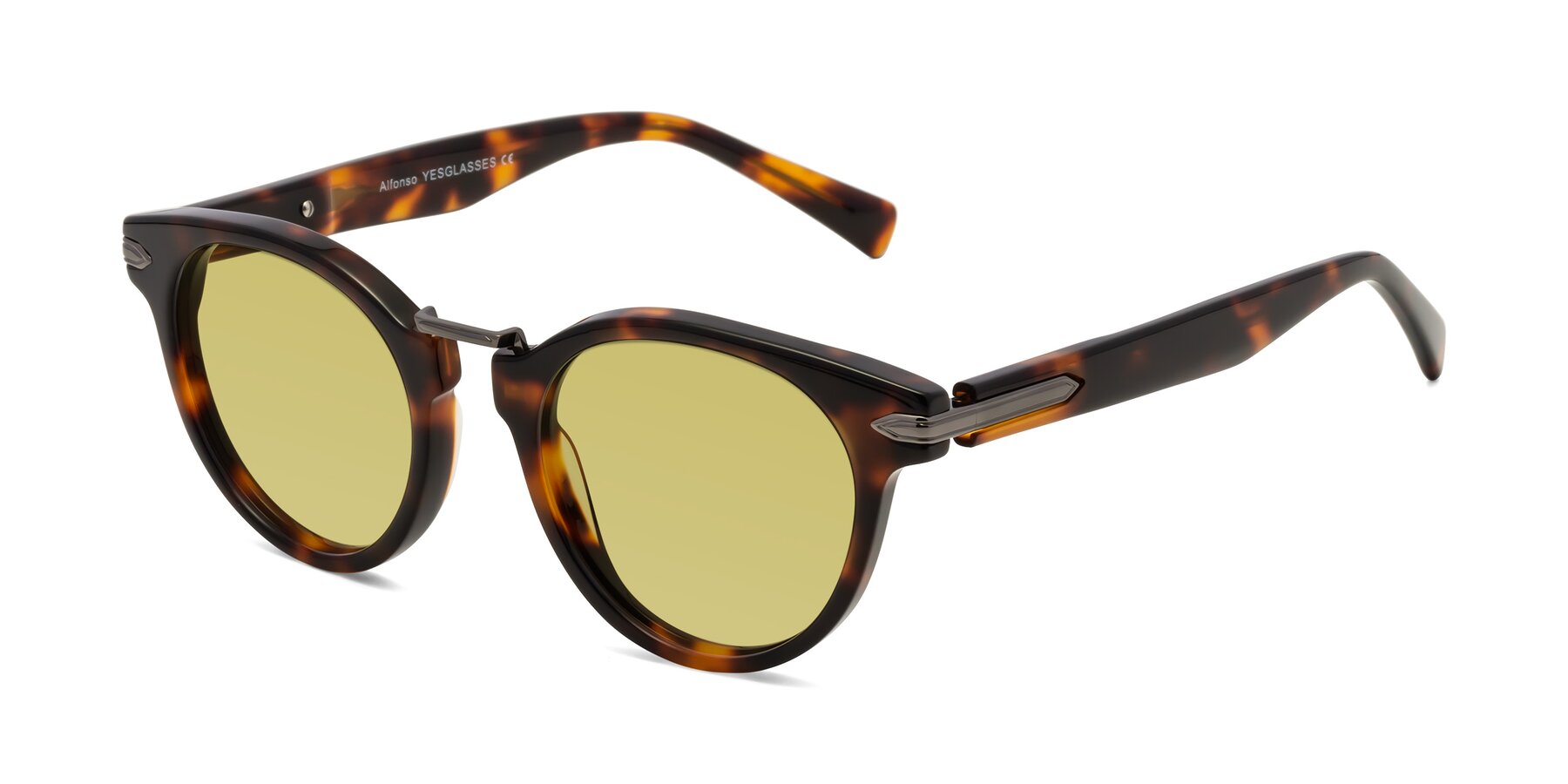 Angle of Alfonso in Tortoise with Medium Champagne Tinted Lenses