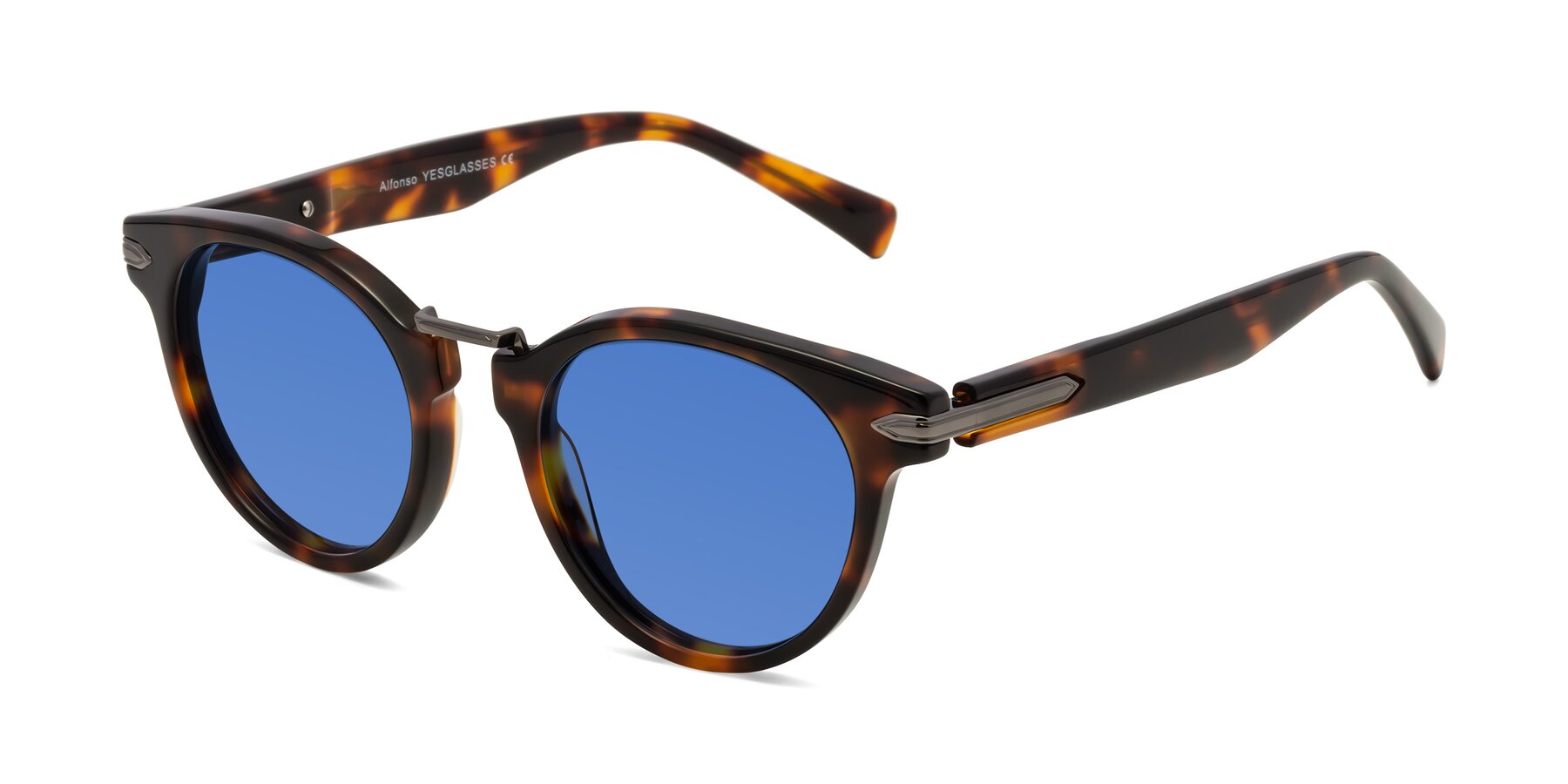 Angle of Alfonso in Tortoise with Blue Tinted Lenses