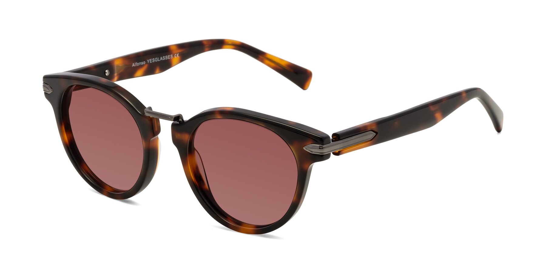 Angle of Alfonso in Tortoise with Garnet Tinted Lenses