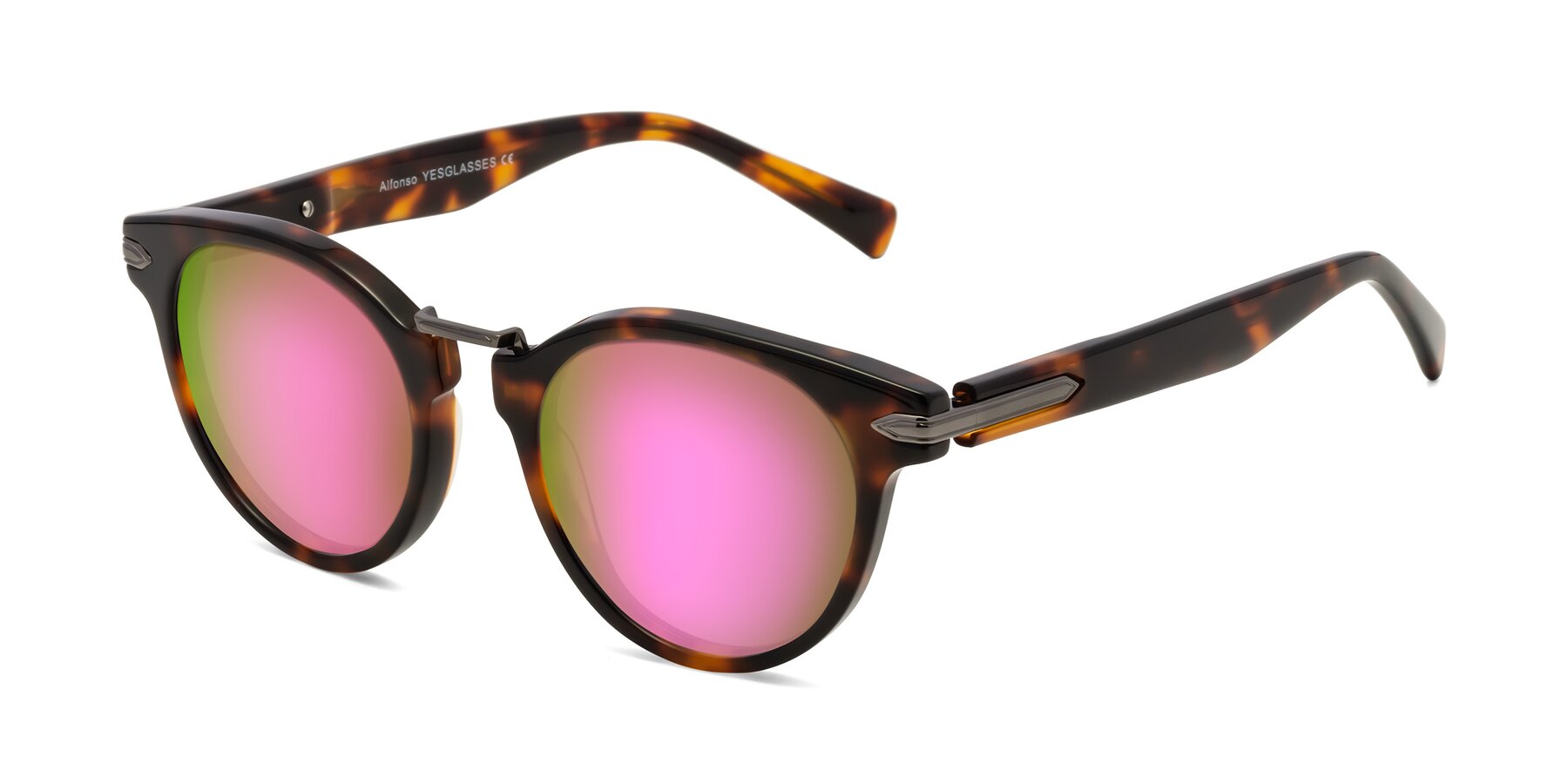 Angle of Alfonso in Tortoise with Pink Mirrored Lenses