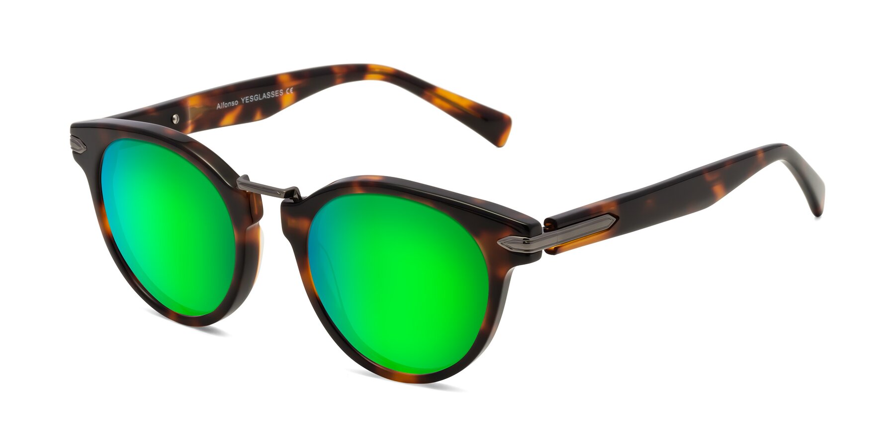 Angle of Alfonso in Tortoise with Green Mirrored Lenses