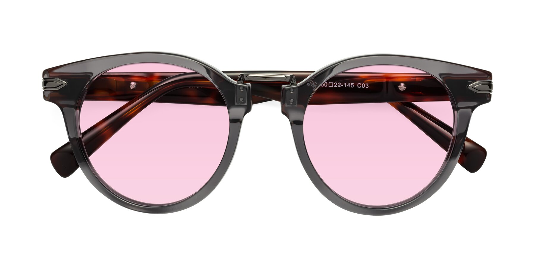 Folded Front of Alfonso in Gray /Tortoise with Light Pink Tinted Lenses