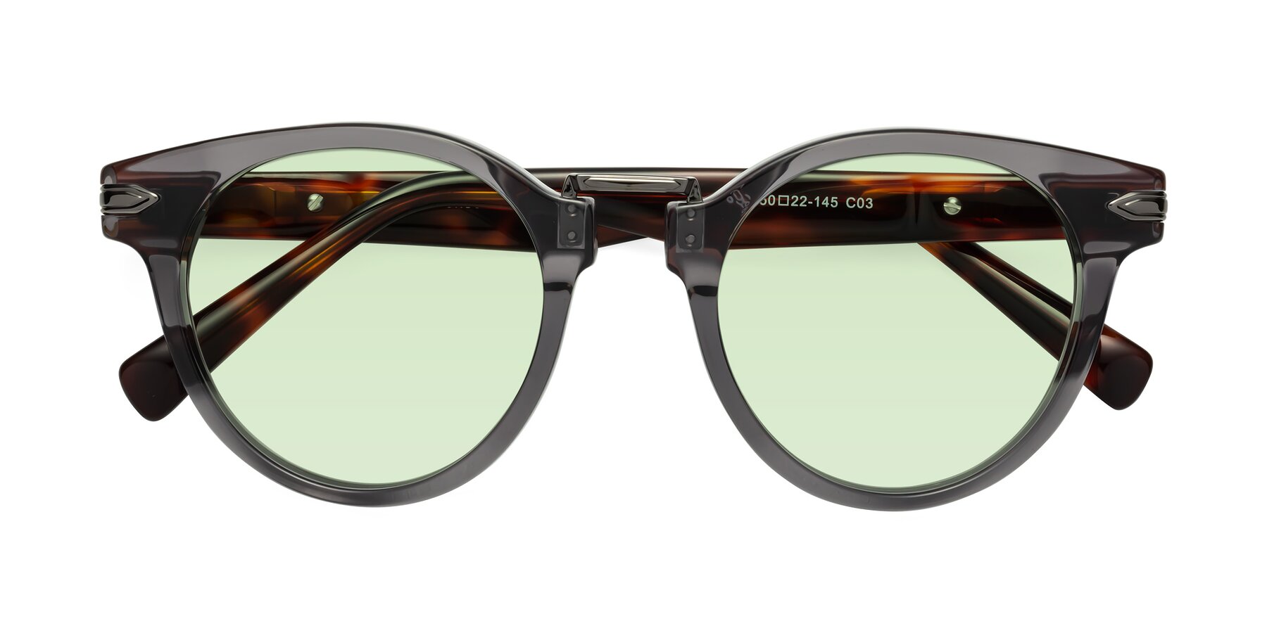 Folded Front of Alfonso in Gray /Tortoise with Light Green Tinted Lenses