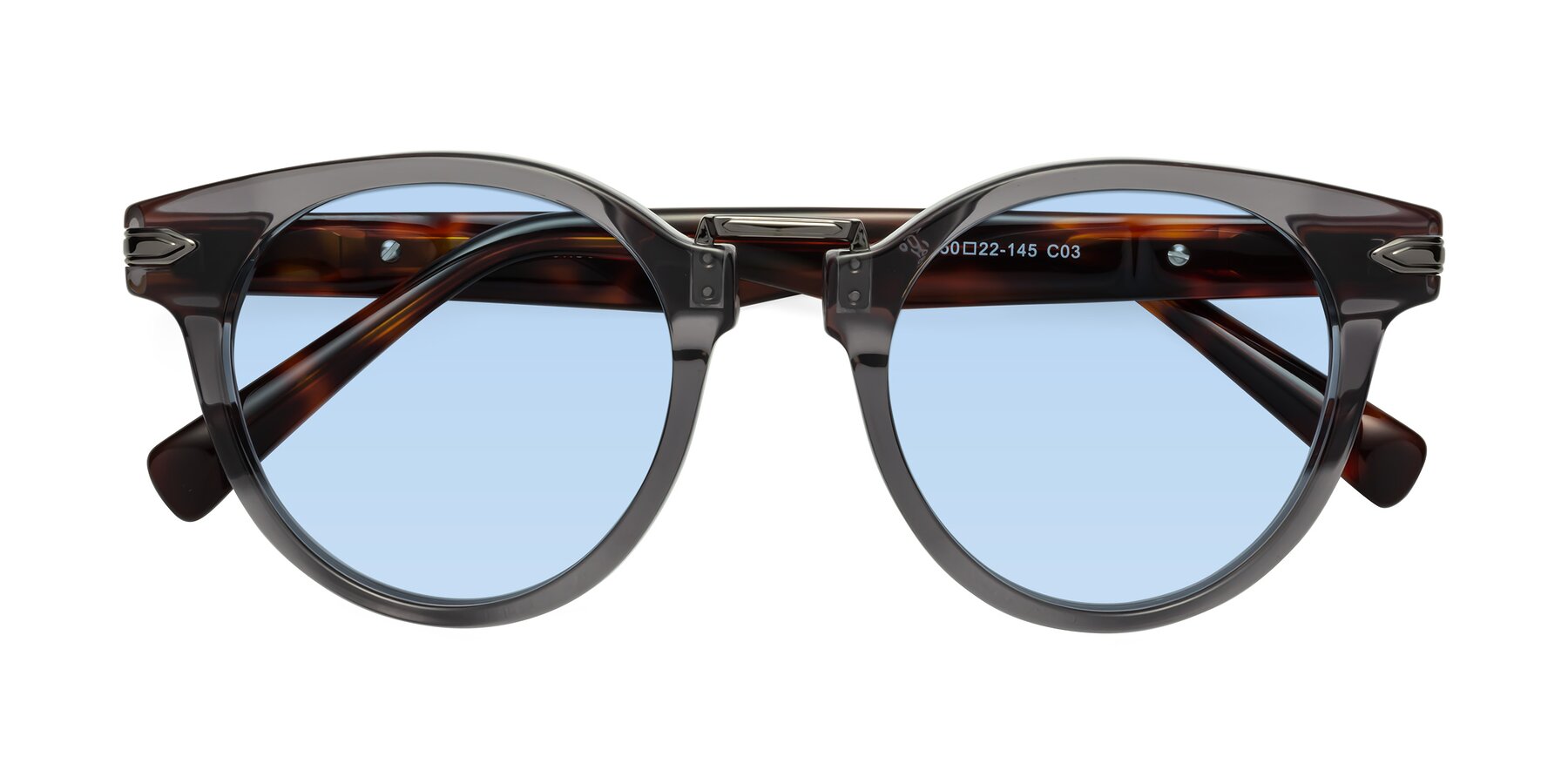 Folded Front of Alfonso in Gray /Tortoise with Light Blue Tinted Lenses