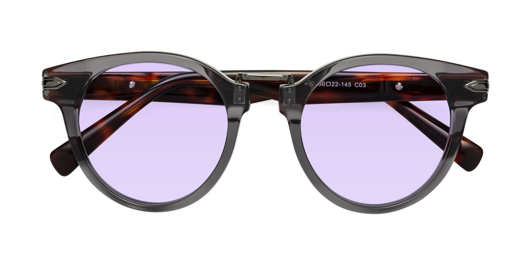 Folded Front of Alfonso in Gray /Tortoise with Light Purple Tinted Lenses