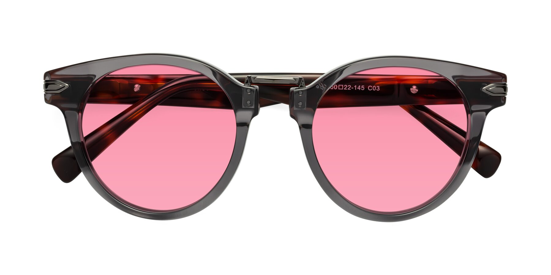 Folded Front of Alfonso in Gray /Tortoise with Pink Tinted Lenses
