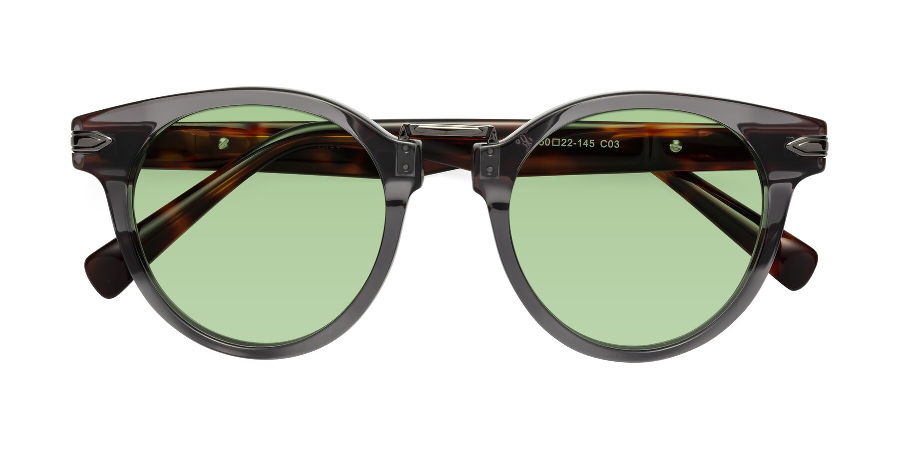 Folded Front of Alfonso in Gray /Tortoise with Medium Green Tinted Lenses