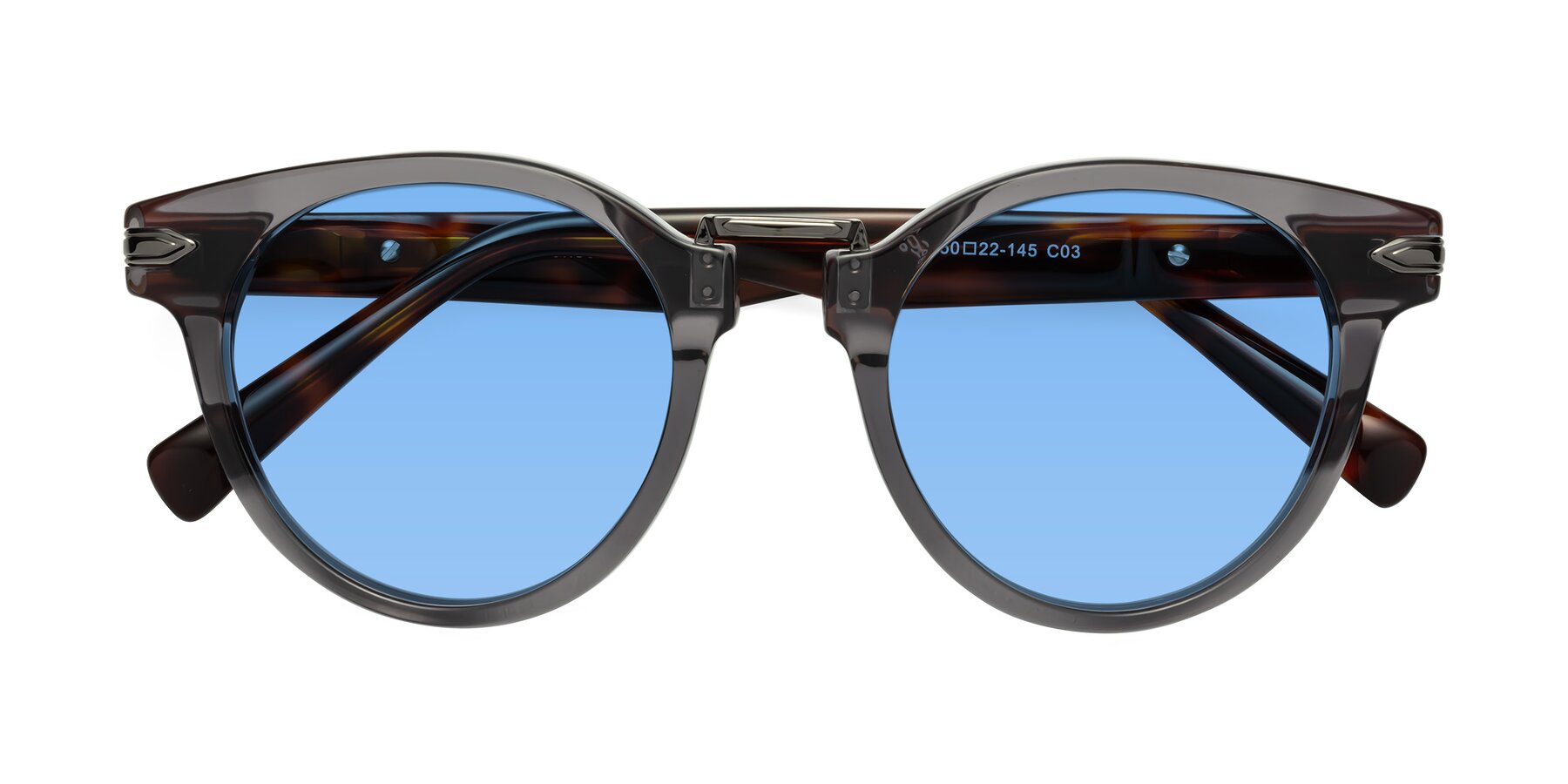 Folded Front of Alfonso in Gray /Tortoise with Medium Blue Tinted Lenses