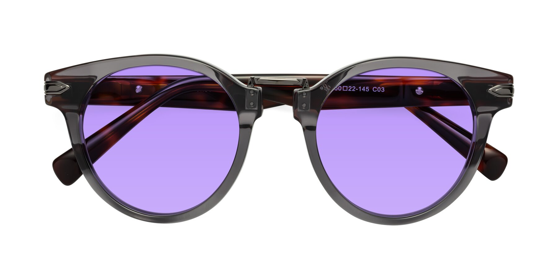 Folded Front of Alfonso in Gray /Tortoise with Medium Purple Tinted Lenses