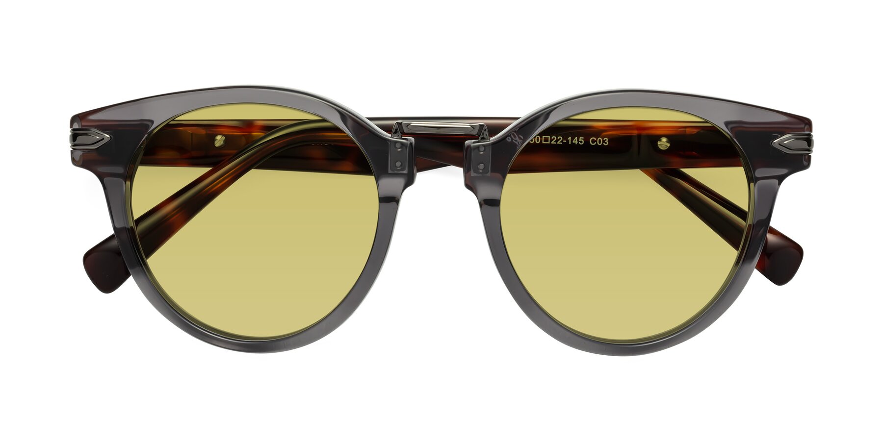 Folded Front of Alfonso in Gray /Tortoise with Medium Champagne Tinted Lenses