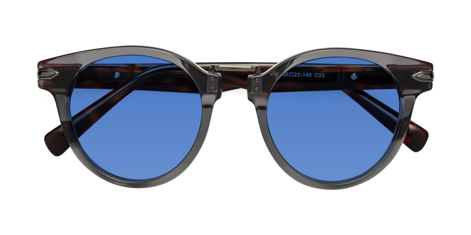 Folded Front of Alfonso in Gray /Tortoise with Blue Tinted Lenses