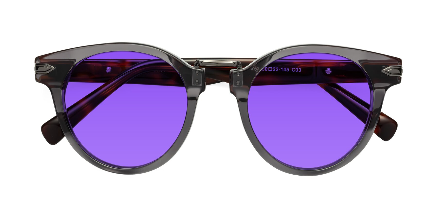 Folded Front of Alfonso in Gray /Tortoise with Purple Tinted Lenses