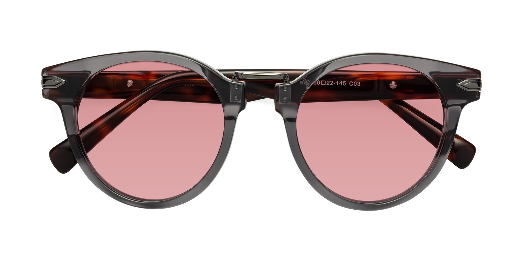 Folded Front of Alfonso in Gray /Tortoise with Medium Garnet Tinted Lenses