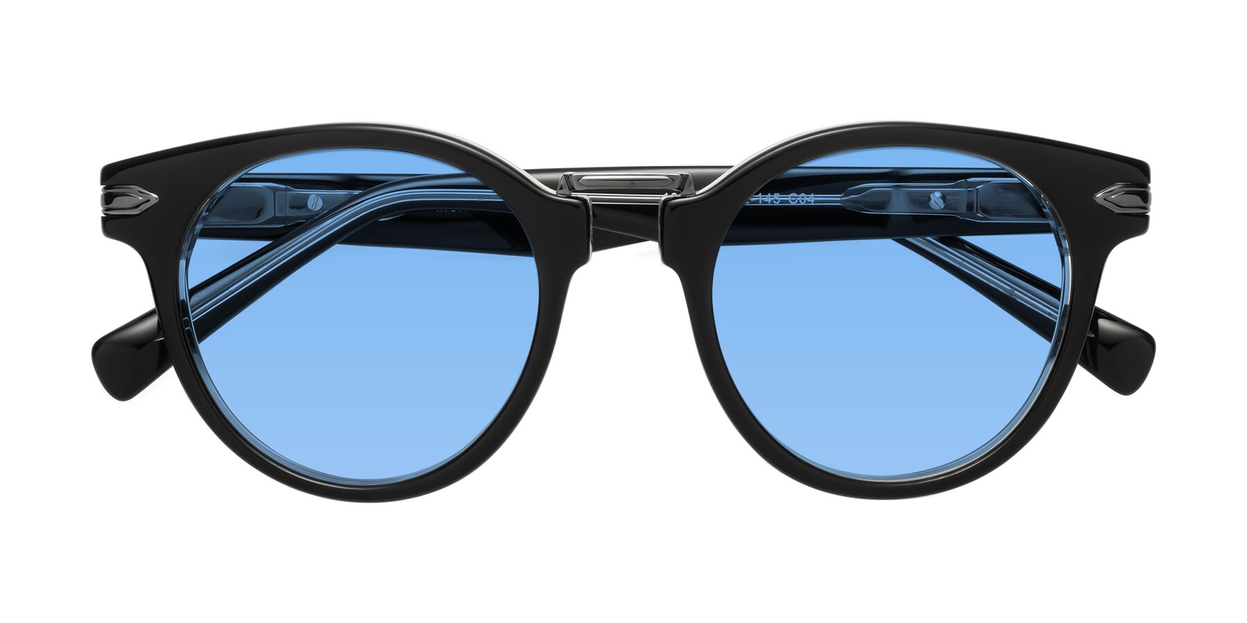 Folded Front of Alfonso in Black-Clear with Medium Blue Tinted Lenses