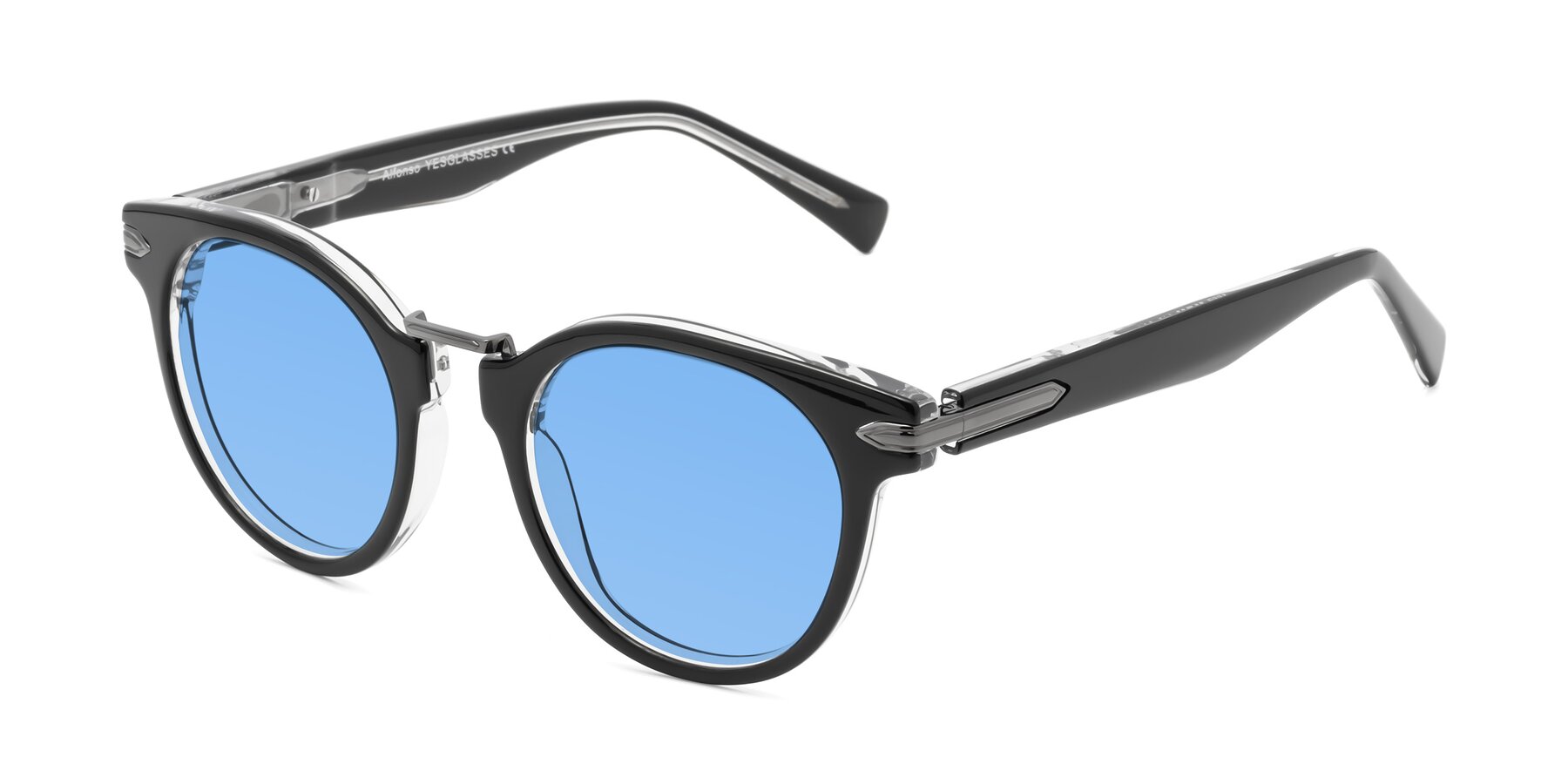 Angle of Alfonso in Black-Clear with Medium Blue Tinted Lenses