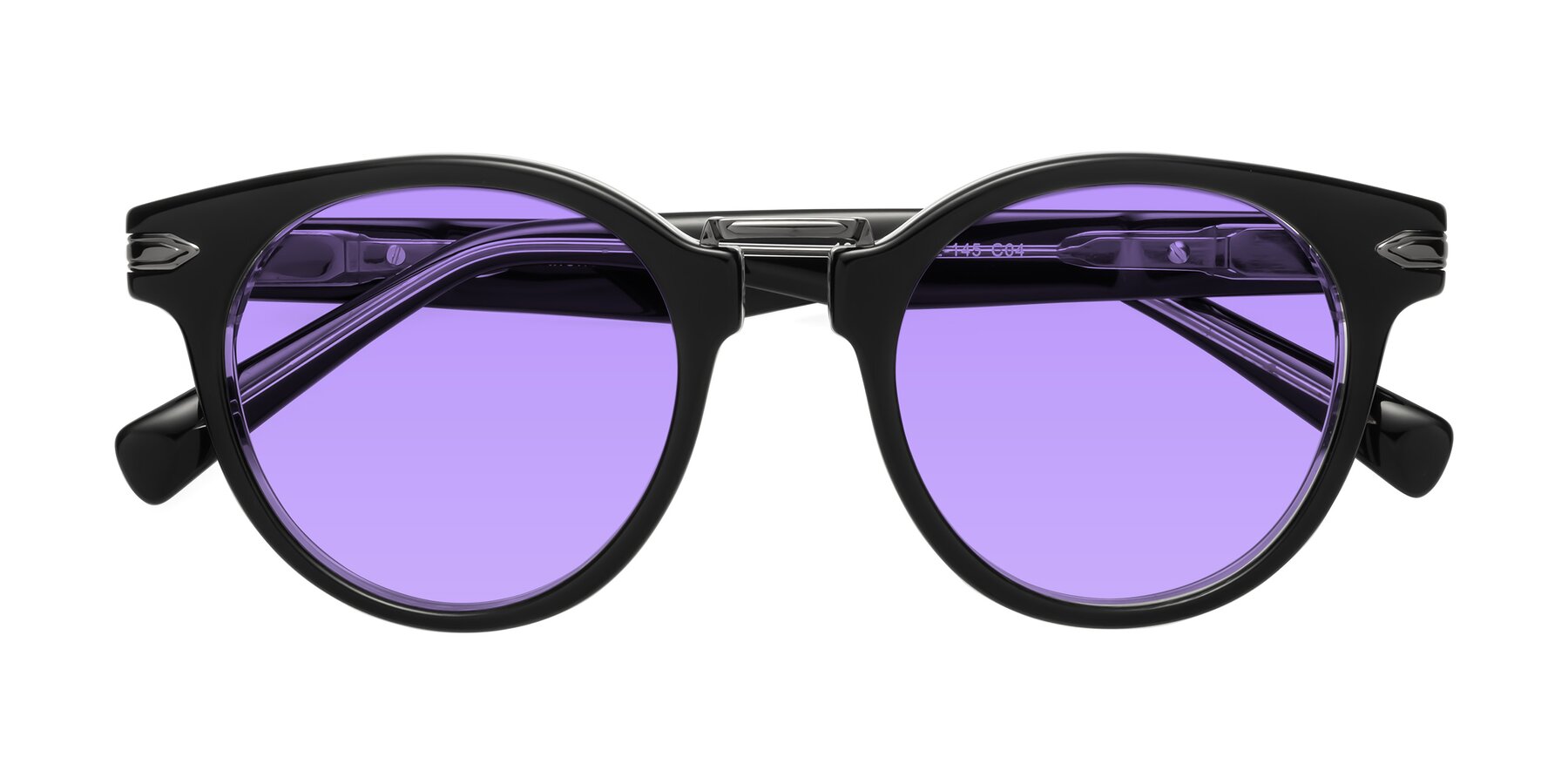 Folded Front of Alfonso in Black-Clear with Medium Purple Tinted Lenses