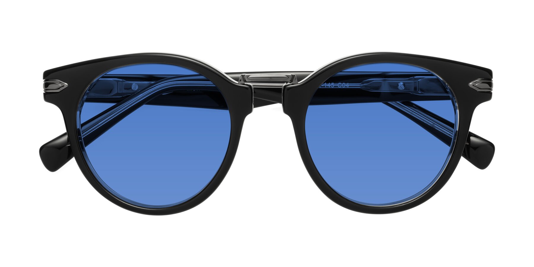 Folded Front of Alfonso in Black-Clear with Blue Tinted Lenses