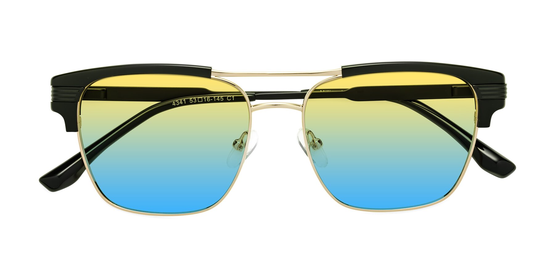 Blue-Gunmetal Browline Double Bridge Hipster Mirrored Sunglasses with Blue Sunwear Lenses