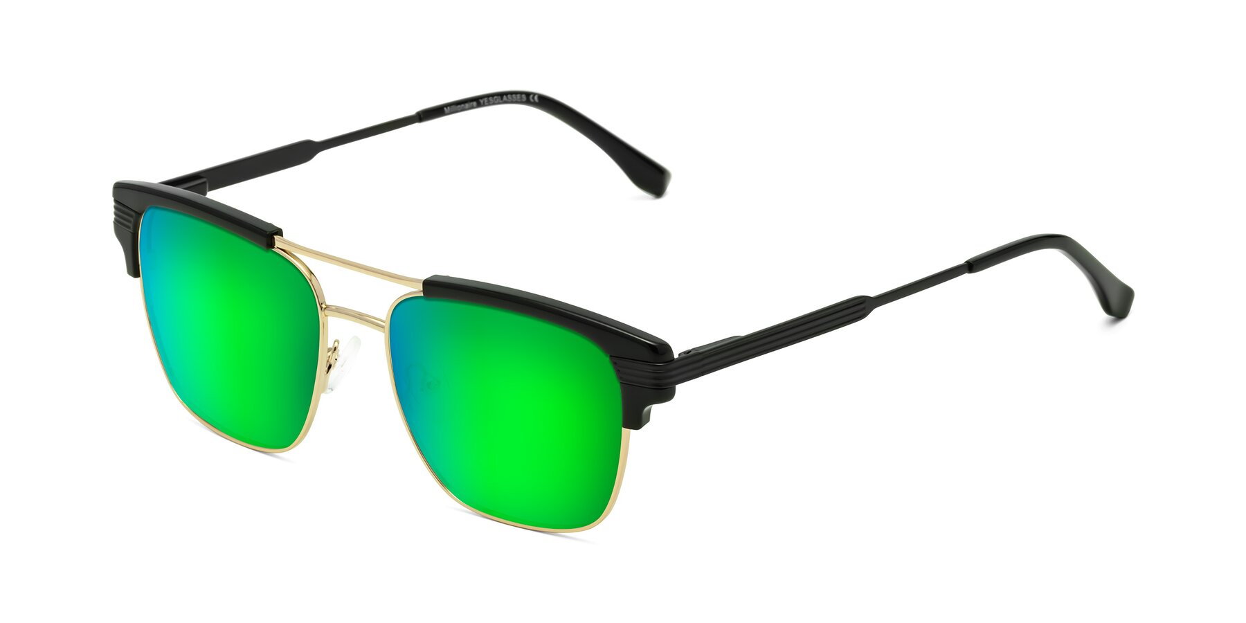 Angle of Millionaire in Black-Gold with Green Mirrored Lenses