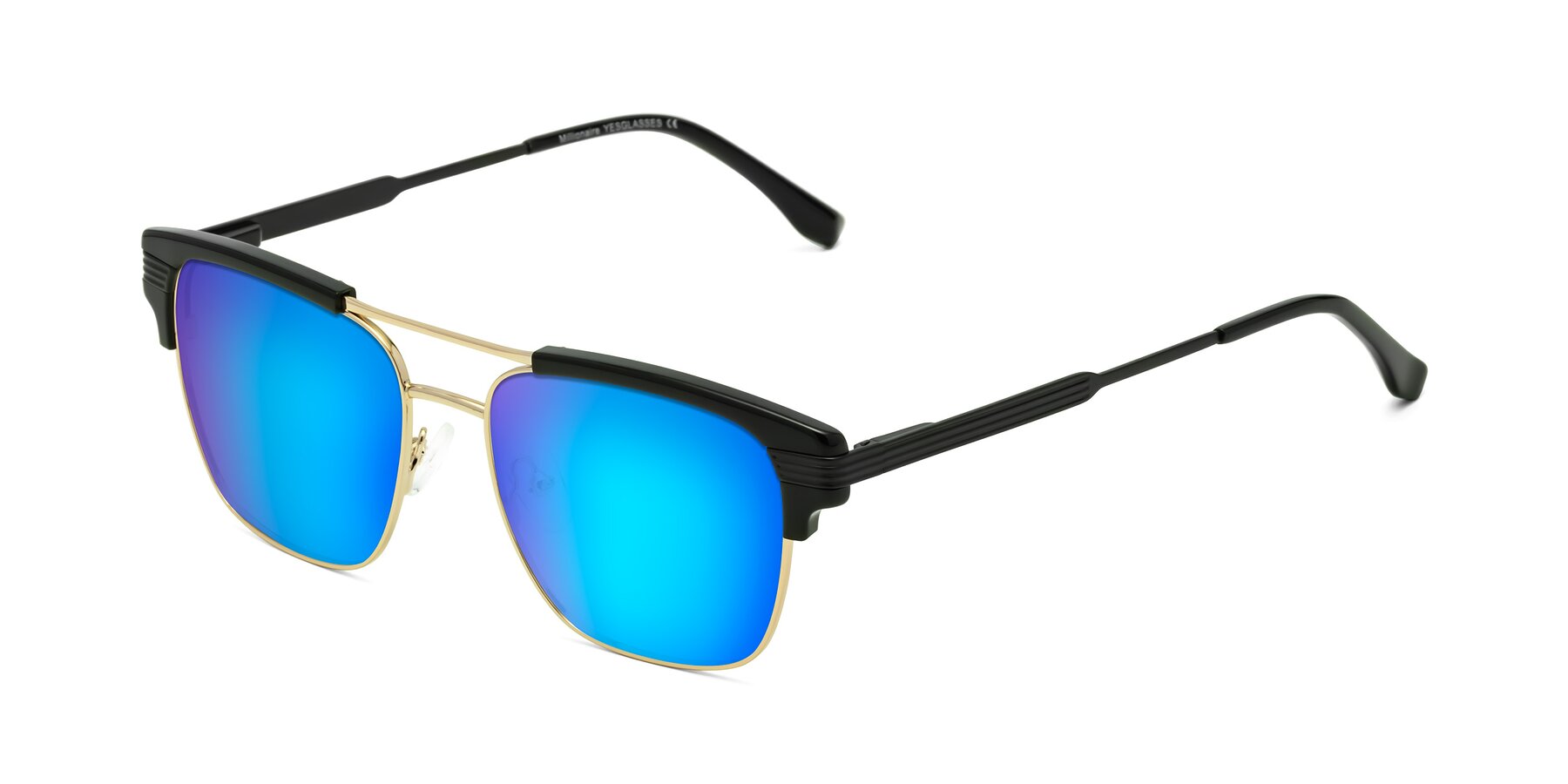 Angle of Millionaire in Black-Gold with Blue Mirrored Lenses