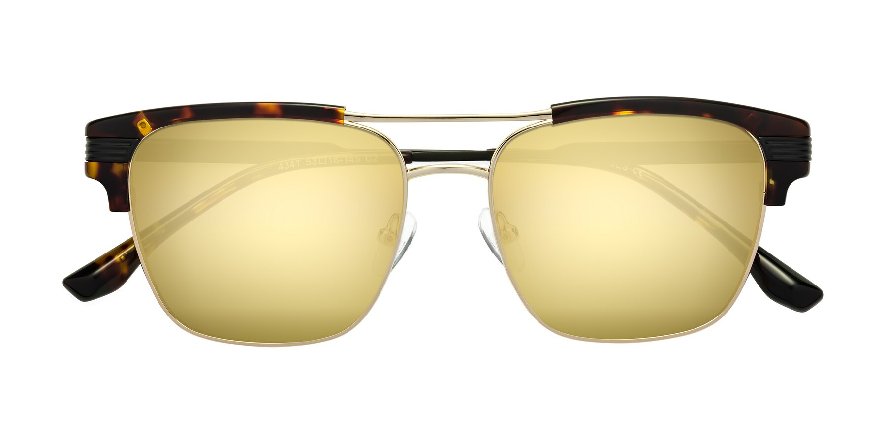 Tortoise-Gold Hipster Double Bridge Trapezoid Mirrored Sunglasses with Gold Sunwear Lenses